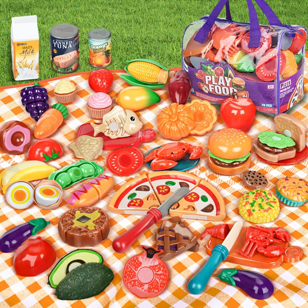 78 Pcs Kids Kitchen Toy Set with Storage Bag - Pretend Play Dinnerware, Fake Fruits & Vegetables, Plastic Accessories, Educational Role Play Gift for Boys Girls Ages 3+