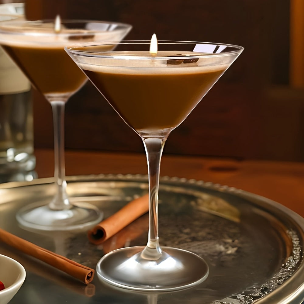 Coffee Martini Candle in Stemmed Glass with Layered Design, Coffee Bean and Glitter Details