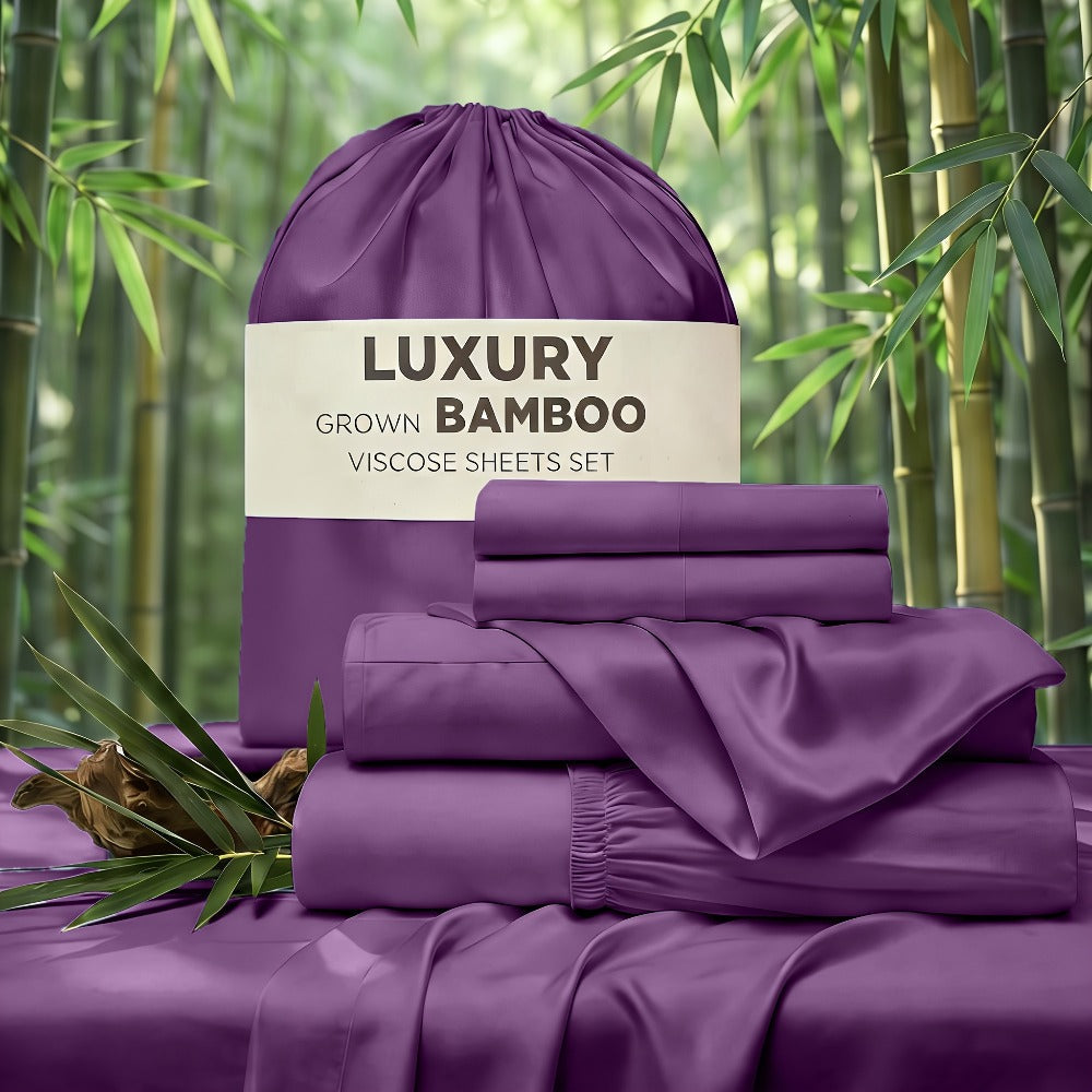 Bed Sheet Set 4-Piece Bamboo-Derived Rayon with Deep-Pocket Fitted Sheet in Twin, Full, Queen and King Sizes