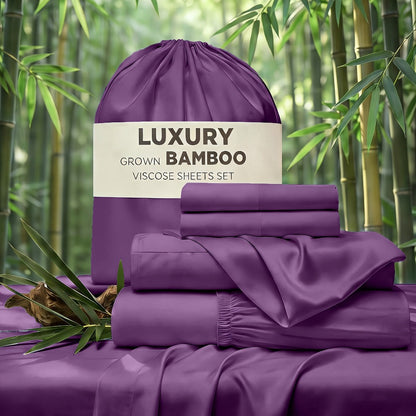 Bed Sheet Set 4-Piece Bamboo-Derived Rayon with Deep-Pocket Fitted Sheet in Twin, Full, Queen and King Sizes