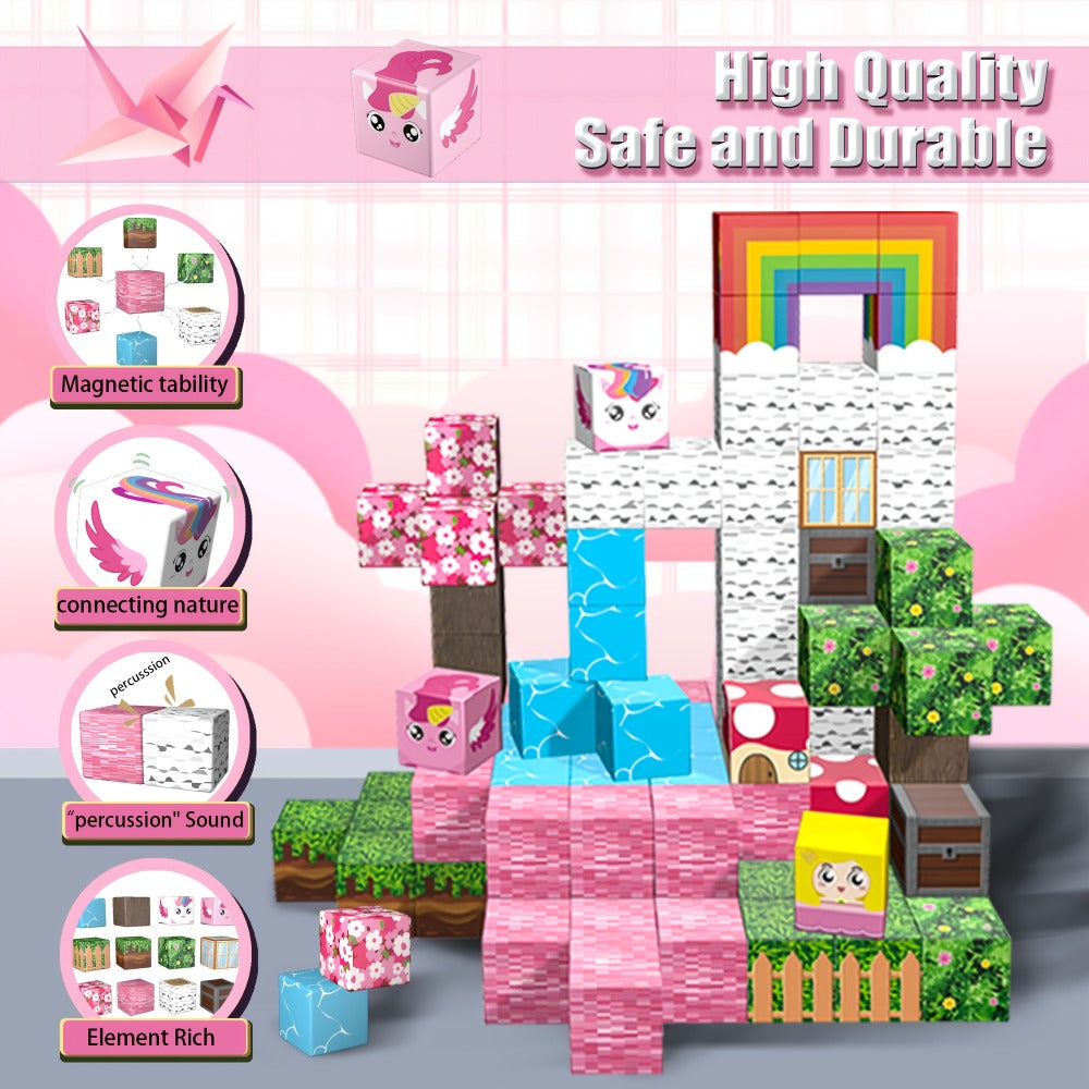Magnetic Building Blocks Unicorn STEM Toy 48 or 110pcs – Magnetic Tiles for Toddlers Girls Ages 3+, Sensory Learning Toy, Birthday Gift, Multicolor Magnetic Cubes Set