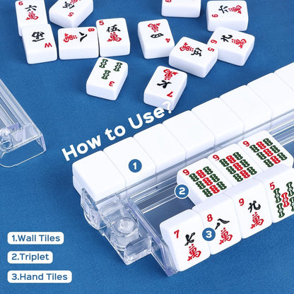 Four-Piece Clear Mahjong Tile Rack and Pusher Set with All-in-One Rail Design and Patterned Storage Bag