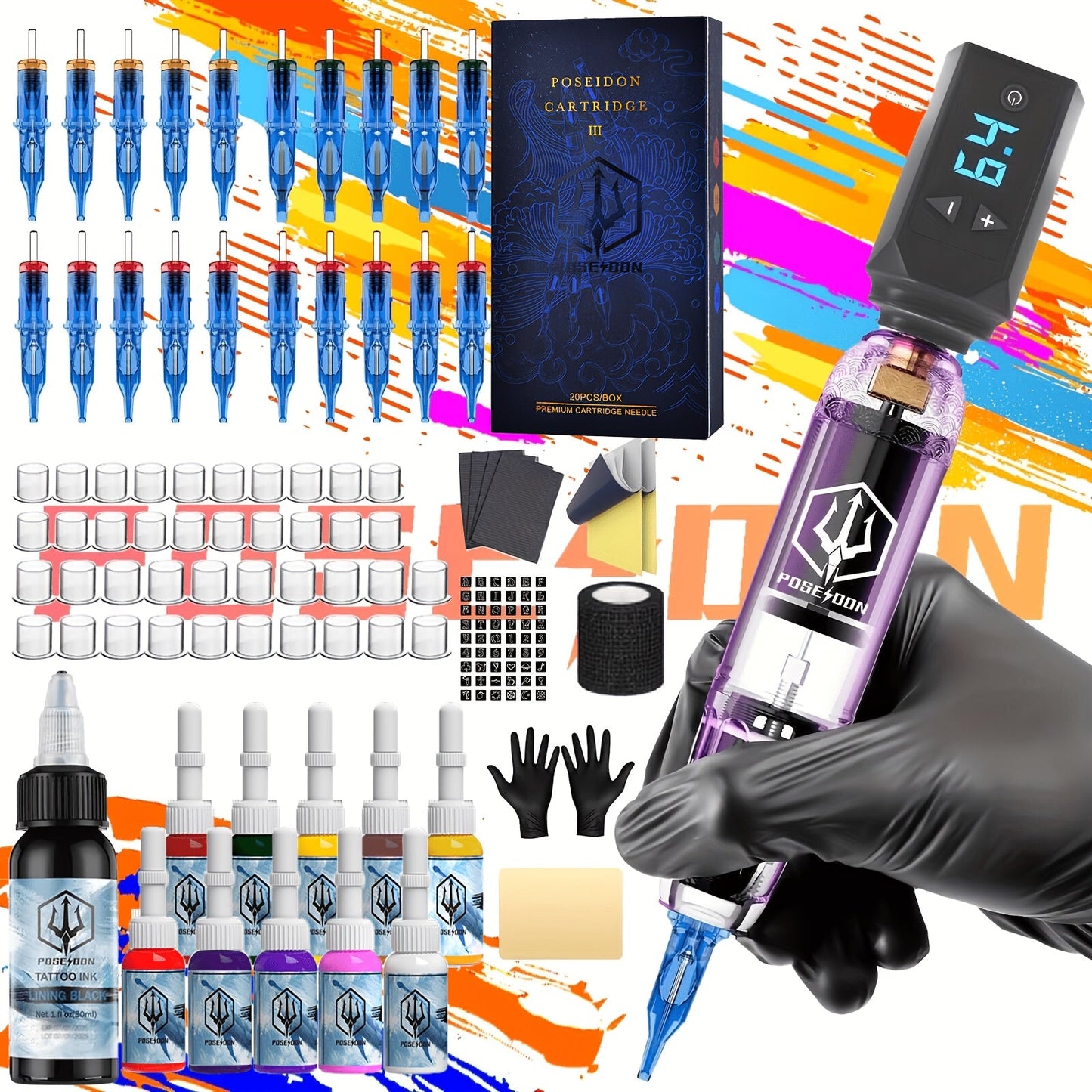 Tattoo Machine Kit Complete Set for Beginners & Artists - Cordless Tattoo Gun 1500mAh Battery 20 Needles 11 Inks LCD Screen Practice Skin Supplies