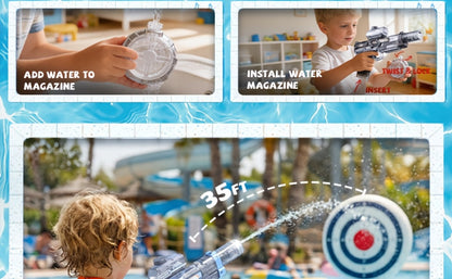 Two-Piece Electric Light-and-Sound Water Blaster Sets in 727 or 737 Models and Blue or Black Colors