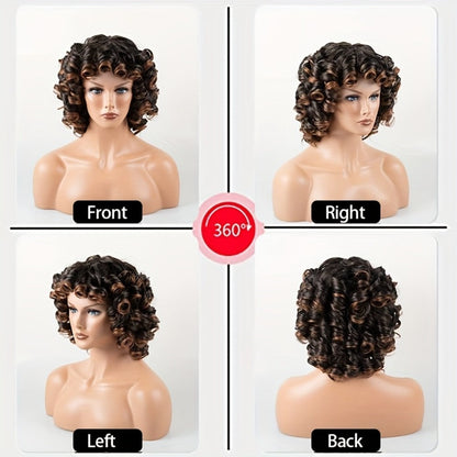 Kinky Curly Afro Wig with Bangs 14 Inch Synthetic Ombre 2 Tone Black Brown Golden Natural Volume | Daily Wear Hair Replacement Wig for Black Women