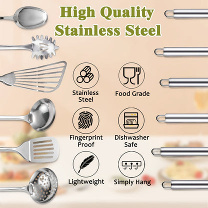 Stainless Steel Kitchen Utensils Set 12 Piece with Holder – Heat Resistant Cooking Utensils, Spatula, Ladle, Tongs, Whisk, Skimmer, Potato Masher, Slotted Spoon