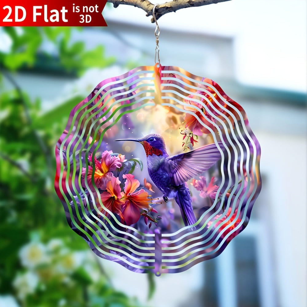 Ten-Inch Hummingbird Garden Wind Spinner with Flat Kinetic Metal Design and Multicolor Floral Artwork