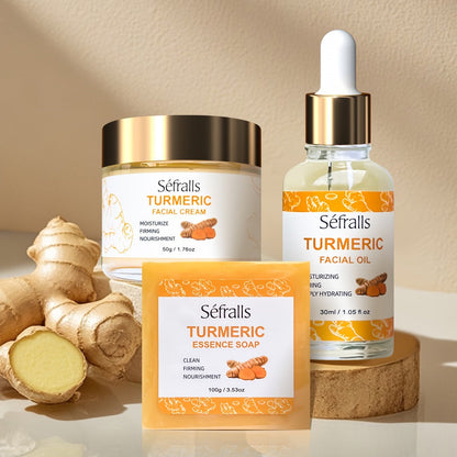 Three-Piece Turmeric-Labeled Skin Care Set with 100 g Soap, 50 g Cream and 1.01 oz Oil for Daily Routines