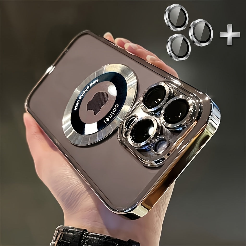 Electroplated Transparent iPhone Case with Hollow Logo Display Built-In Lens Film Magnetic Wireless Charging Shockproof TPU Cover for iPhone 17 16 15 14 13 12 11 Air Pro Max Plus – Luxury Metallic Finish