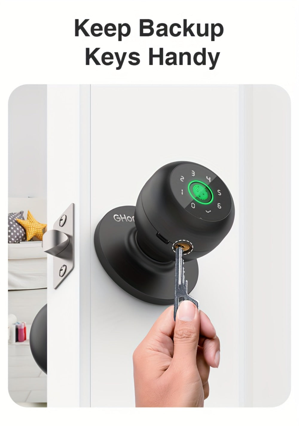 GHome Smart Lock Knob with Fingerprint & Keypad - USB-C Rechargeable, App-Controlled Keyless Entry, Auto-Lock, Passage & Privacy Mode, K10 / K10 PRO / K20 / KD03 PRO, for Home Bedroom Office