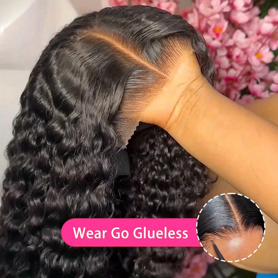 250% Density Deep Wave Wig 13x4 HD Lace Front Human Hair Glueless Wear and Go – Pre-Plucked Pre-Cut Natural Black Long Curly Wig for Women 28 34 Inch Beginner Friendly Protective Style