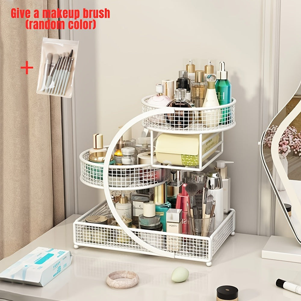 Metal Cosmetic Storage Rack with Makeup Brushes and Black or White Tissue Holder Configurations