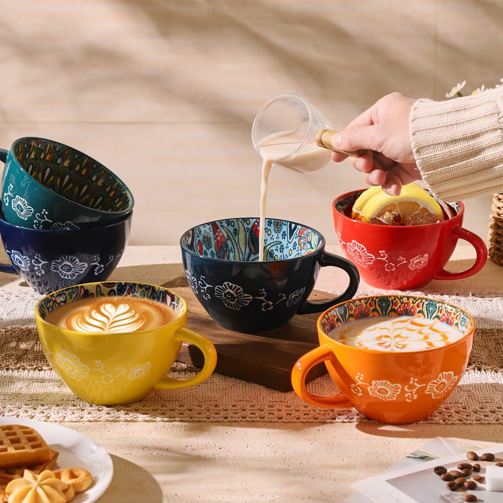 Bohemian Ceramic Coffee Mugs Set of 6 – 15 Oz Large Capacity Breakfast Mug – Microwave Safe for Hot & Cold Drinks – Unique Boho Drinkware Gift for Halloween, Thanksgiving & Christmas