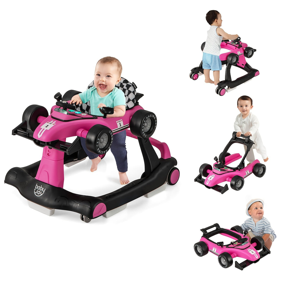 4-in-1 Foldable Baby Walker with Activity Toy Tray & Adjustable Height, Sit-to-Stand Push Walker for Infants & Toddlers