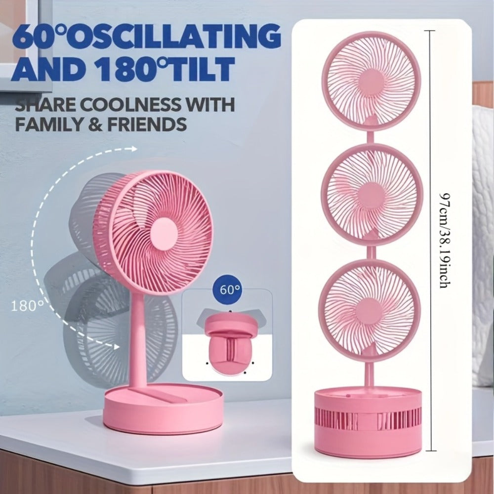 Portable Fan Foldable USB Rechargeable 3600mAh | 4-Speed Remote Control Tower Fan with 7-Color Ambient LED Light Low Noise | Expandable Cordless Fan for Office Bedroom Travel Camping Dorm | Pink White