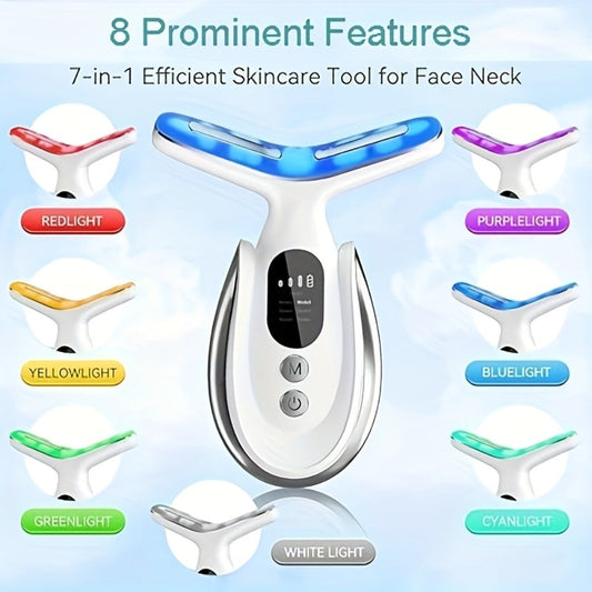 Face & Neck Massager 7-in-1 LED Light Therapy USB Rechargeable - Multifunctional Facial Lifting Skin Tightening Anti-Aging Wrinkle Reduction Beauty Device - Self Care Gift for Mom Women