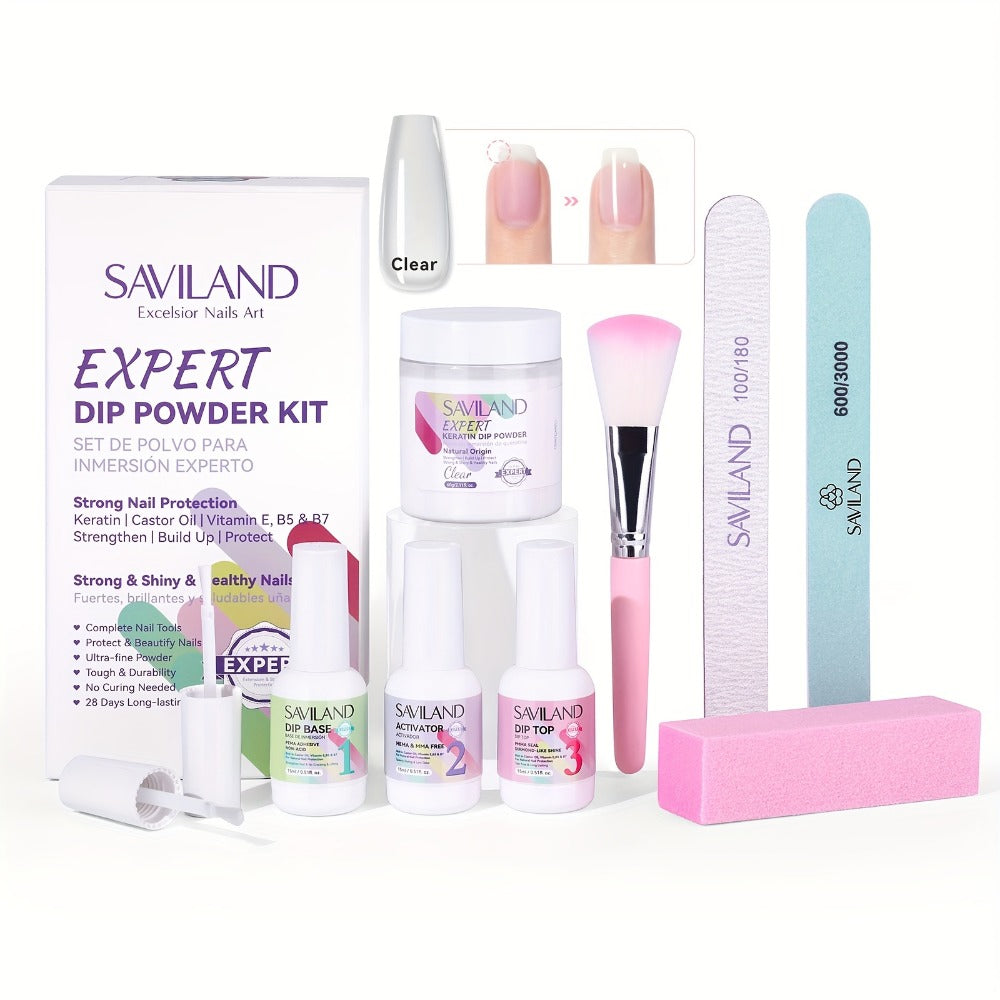 Dip Powder Nail Kit with SAVILAND Label, 60g Clear Powder, Three 15ml Liquids, Files, Buffer and Brush