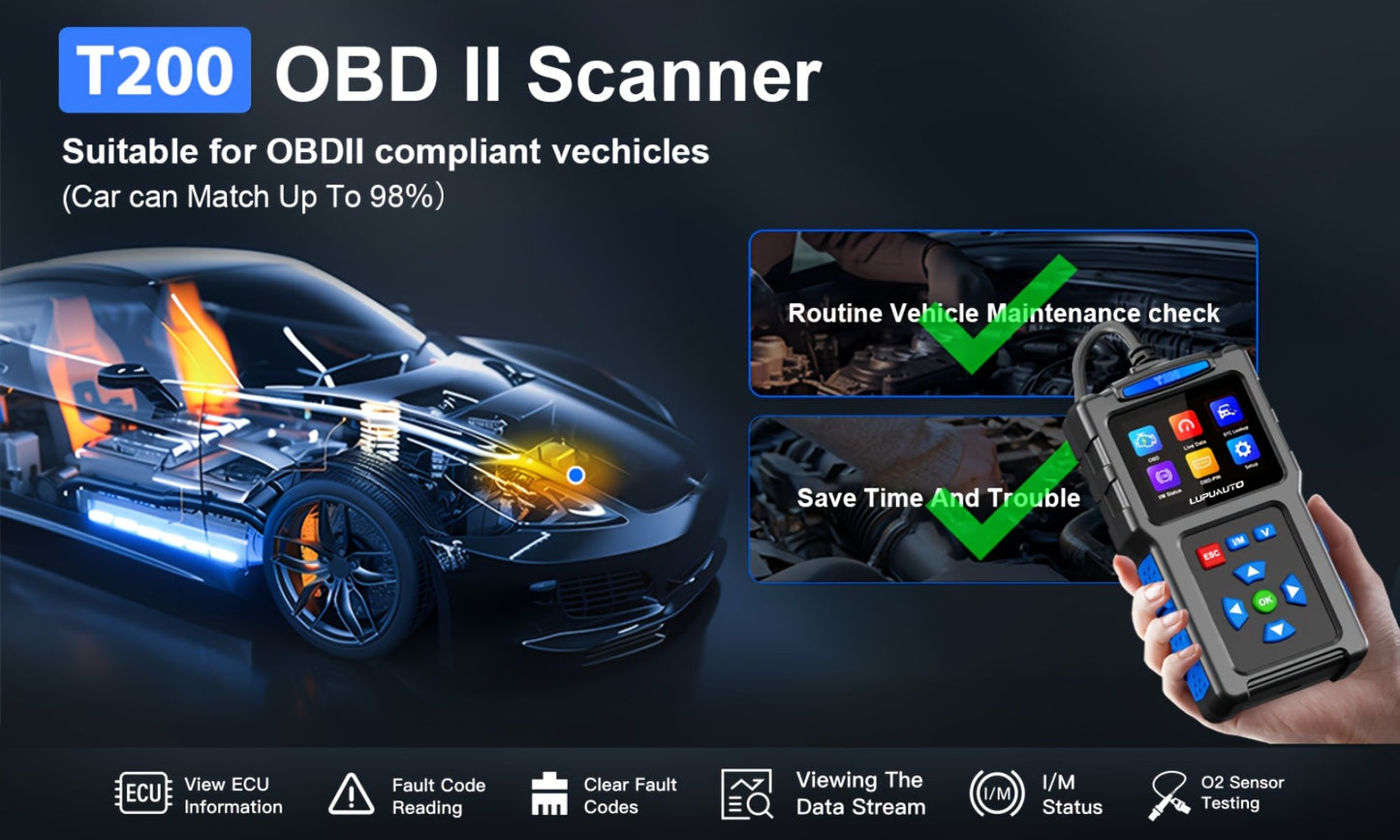 OBD2 Scanner Diagnostic Tool Plug and Play Read Clear Engine Codes Live Data I/M Readiness VIN Auto Detect 14 Languages for All OBDII Cars Since 1996 T200 T300