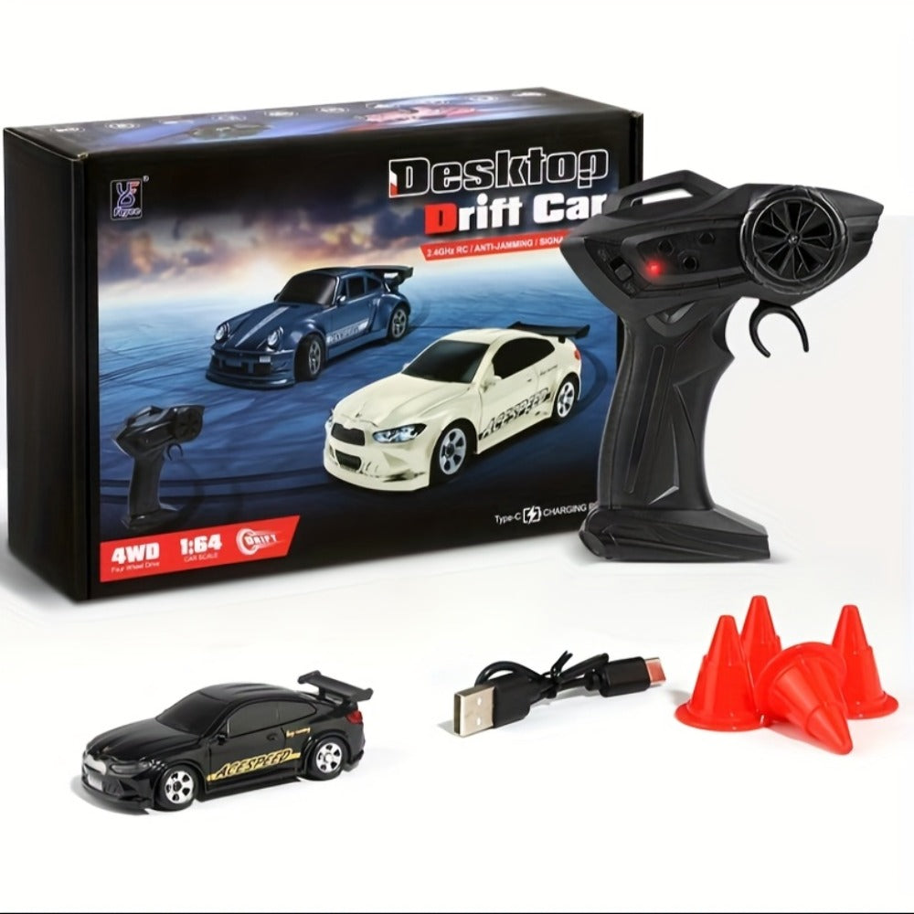 Mini RC Drift Sports Car 1:64 Scale with 4WD Layout, LED Details, Remote Controller and Two Color Options