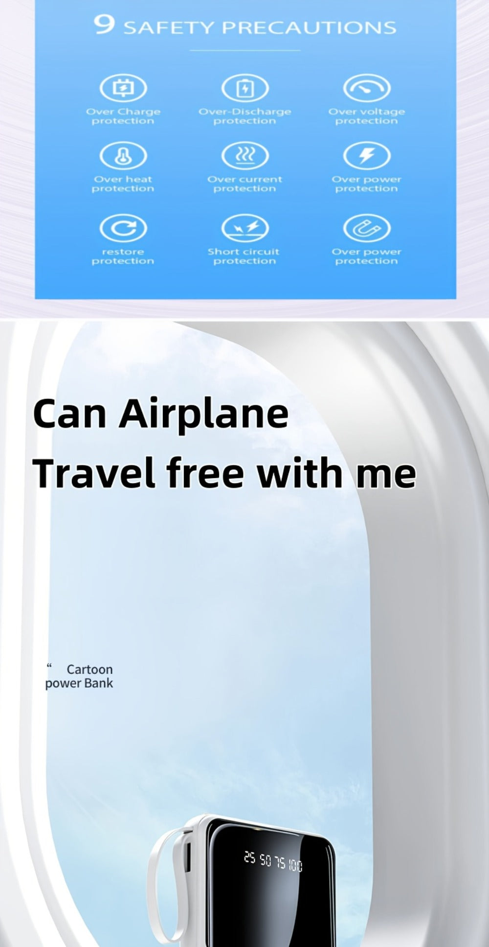 Power Bank 10000mAh with Built-In Cable Set, 5W/15W/22.5W Variants, Display and Lanyard for Travel