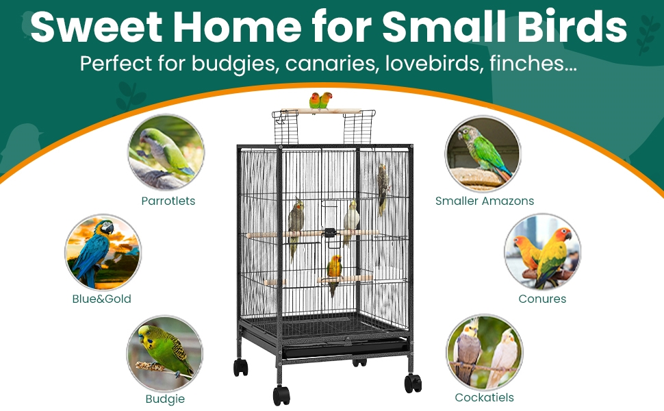 Bird Cage with Rolling Stand Open Top 31 Inch Wrought Iron Black - Slide Out Tray Feeder Doors 2 Feeders 3 Perches for Budgies Parakeets Cockatiels Canaries Finches Small Bird Home Cage