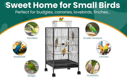 Bird Cage with Rolling Stand Open Top 31 Inch Wrought Iron Black - Slide Out Tray Feeder Doors 2 Feeders 3 Perches for Budgies Parakeets Cockatiels Canaries Finches Small Bird Home Cage