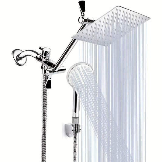 Rainfall Handheld Shower Combo 9-Setting – High Pressure 11" Extension Arm Leak-Proof Wall Mount 8 10 12 Inch Chrome Black