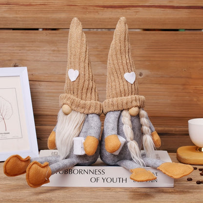 Sitting Gnome Figurine Set of Two with Long Heart-Accent Hats in Black, Khaki or Red Style Options