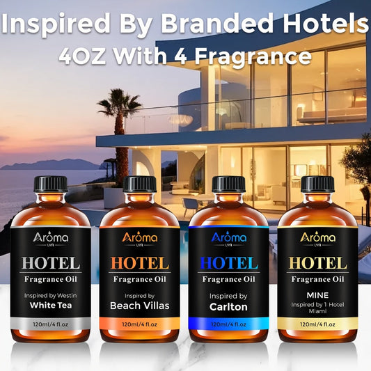 Hotel Fragrance Oil 4oz – Luxury Resort Scents for Diffuser, Candle, Humidifier & Car | M Way, White Tea, Carlton, Beach Villas