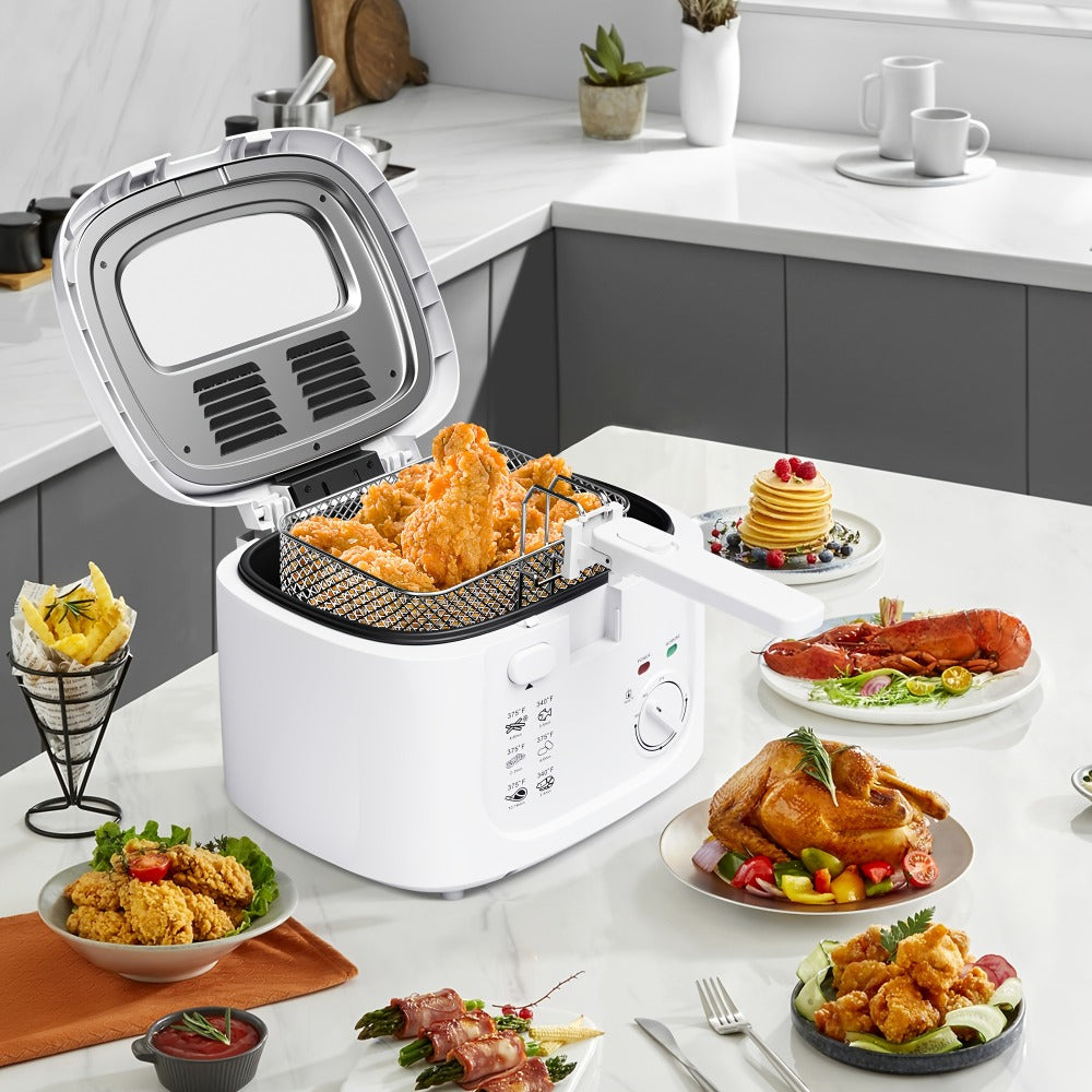 Electric Deep Fryer 1500W – 84.54oz Large Capacity, Adjustable Temperature Control, Non-Stick Basket, Viewing Window, Removable Lid, One-Touch Switch, Easy to Clean, Black & White Options