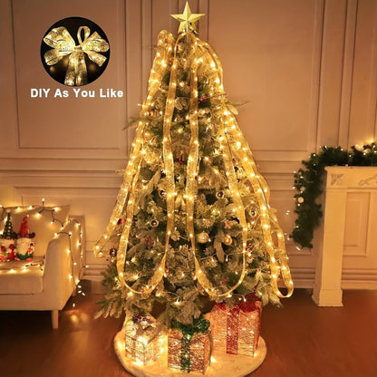 String Lights, 32.8-Foot Golden Warm White Ribbon Garland with Battery Power for Indoor Holiday Decor