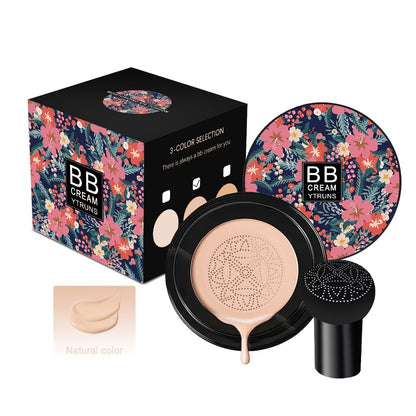 Floral Compact Air Cushion Foundation with Mushroom Puff Applicator and Ivory, Natural or Dark Shades