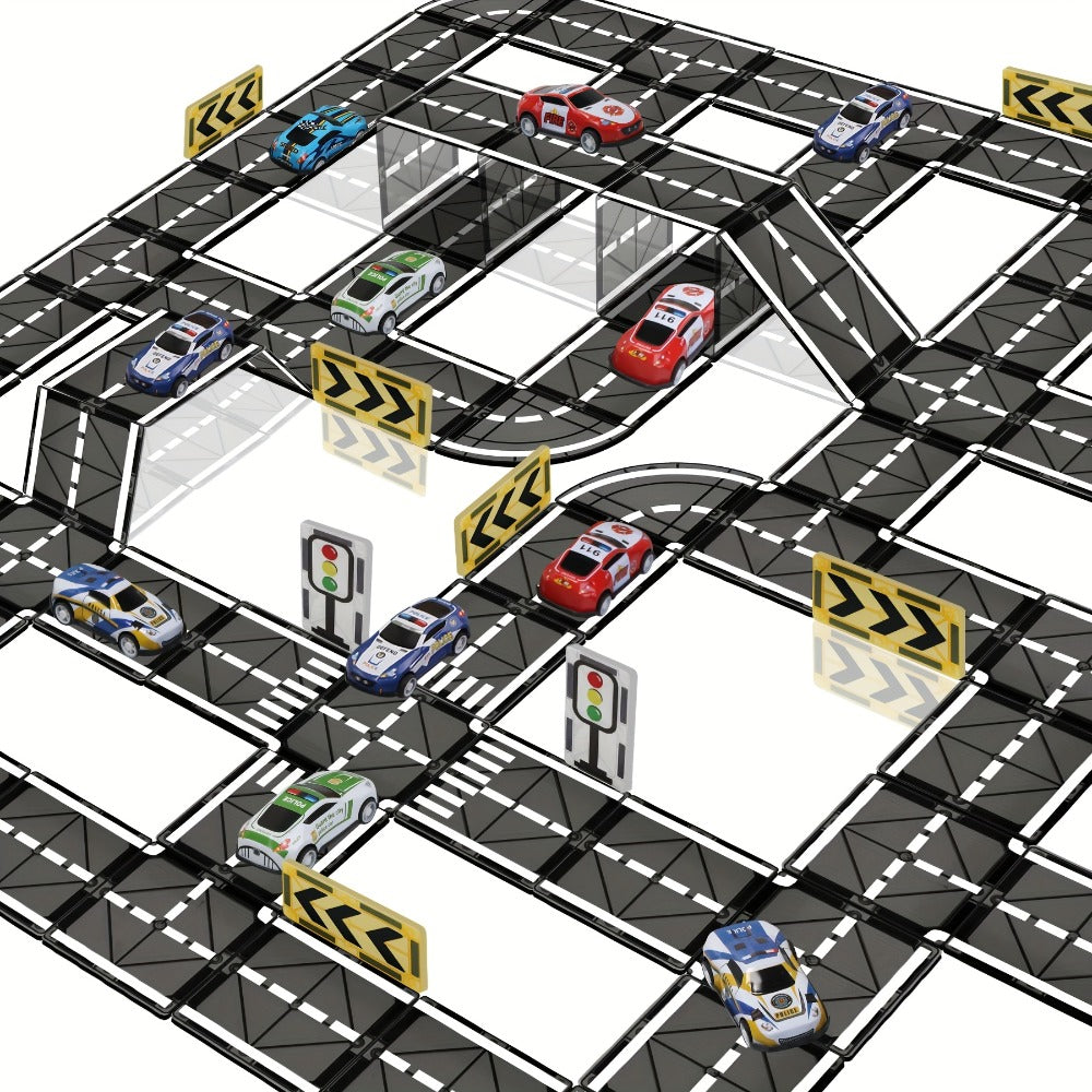 44-Piece Magnetic Road Tile Set with Pictured Cars, Signs, Signals and Black-and-White Track Sections