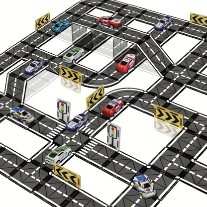 44-Piece Magnetic Road Tile Set with Pictured Cars, Signs, Signals and Black-and-White Track Sections