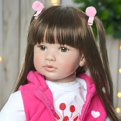 Open-Eye 24-Inch Girl Doll with Long Dark Hair, Pink Vest, Spotted Outfit and Plush Companion