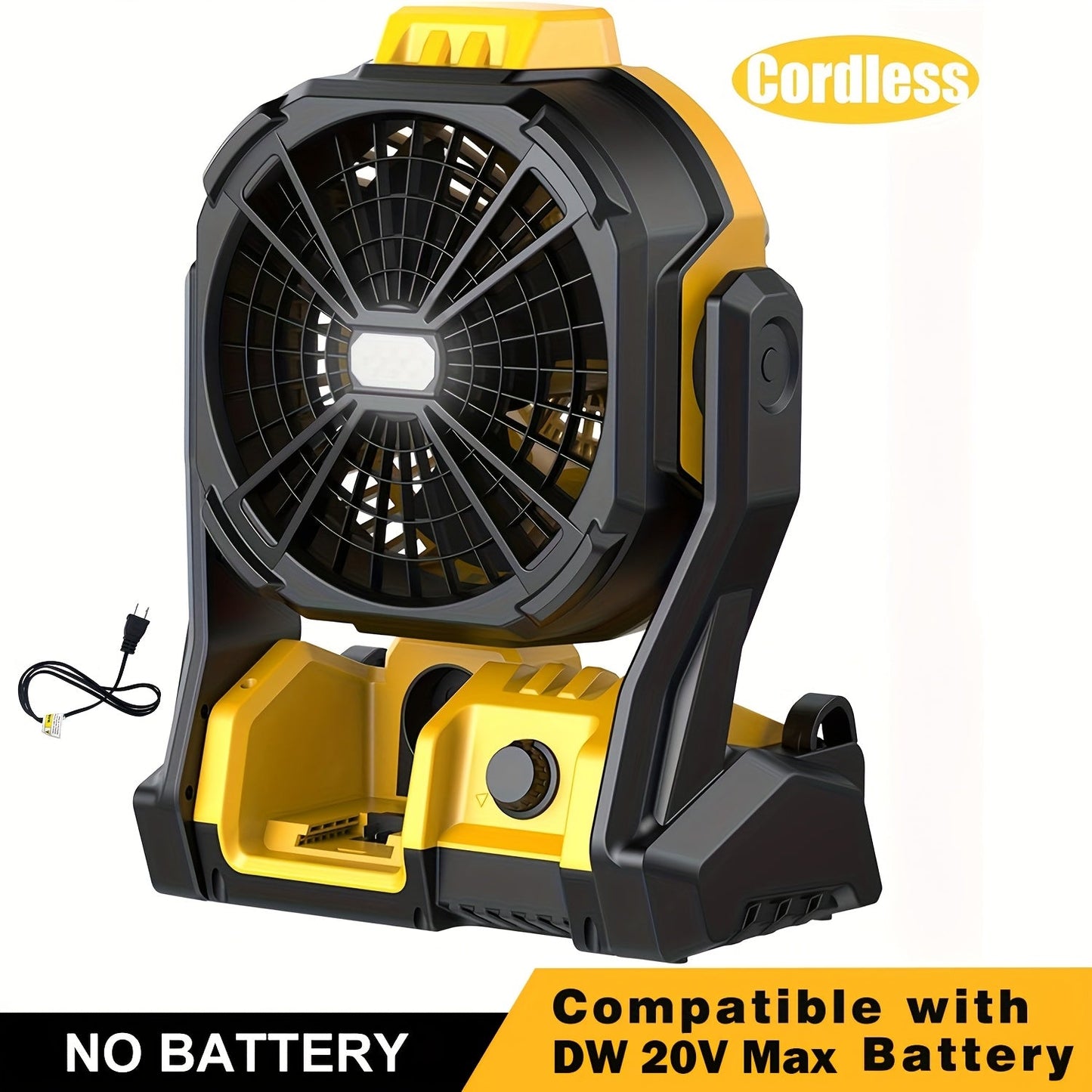 Cordless Jobsite Fan Compatible with DeWalt 20V Max Battery, LED Light Auto Oscillating 180° Tilt Adjustable Speed, Portable Battery Powered Fan with Hanging Hook for Camping, Garage and RV