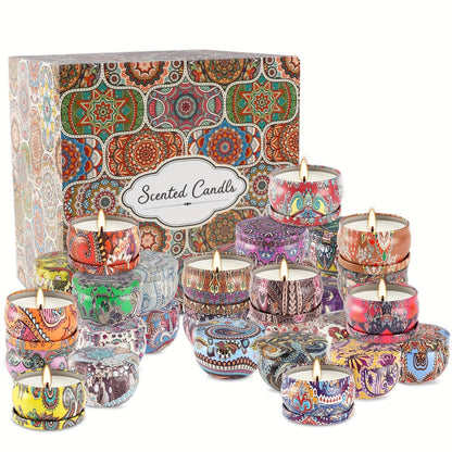 36-Piece Candle Gift Set with Lidded 2.5oz Decorative Tins in Three Coordinated Design Families