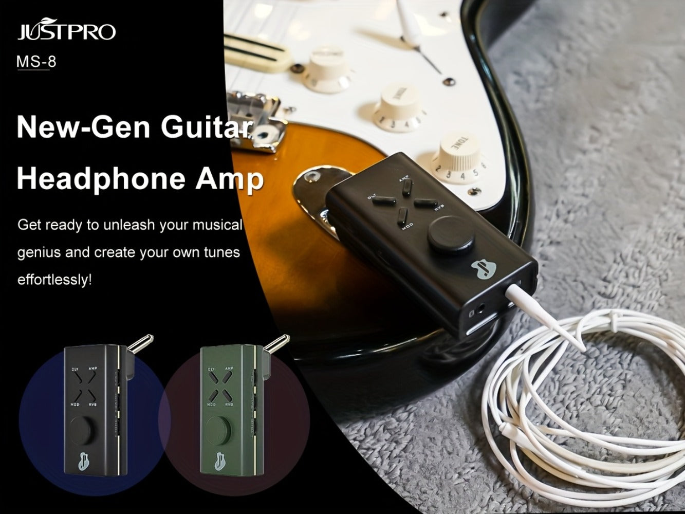 JUSTPRO Pocket Guitar Headphone Amp with 6 Amp Modules and 24 Guitar Effects, Mini USB Rechargeable Portable Plug-In Guitar Amplifier for Electric Guitar Silent Practice