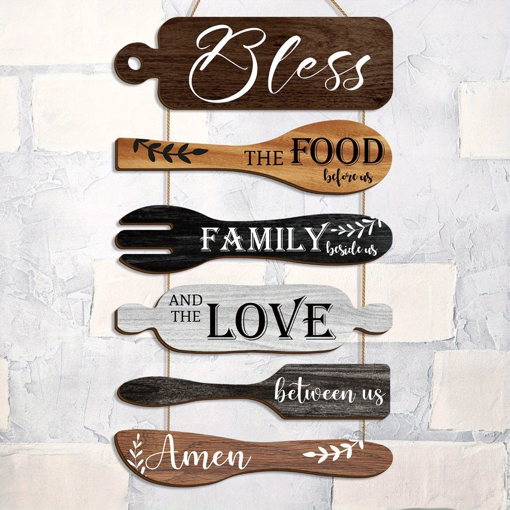Farmhouse Wall Decor Wood Sign Set - "Bless The Food Before Us" Rustic Kitchen Dining Room Hanging Plaque