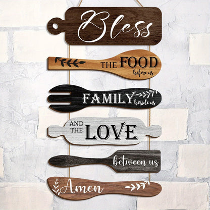 Farmhouse Wall Decor Wood Sign Set - "Bless The Food Before Us" Rustic Kitchen Dining Room Hanging Plaque