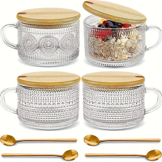 Glass Coffee Cups Set of 4 with Bamboo Lids and Spoons 450ml Vintage Embossed Iced Coffee Glasses for Cappuccino Latte Overnight Oats