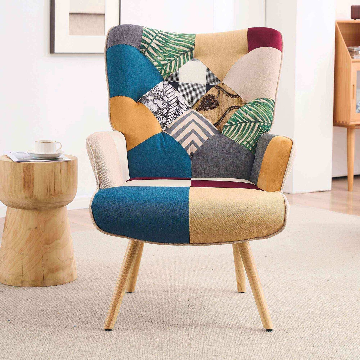 Accent Chair, Patchwork High Back Armchair with Memory Foam Cushion & Hardwood Legs - 330 shown in the main product view