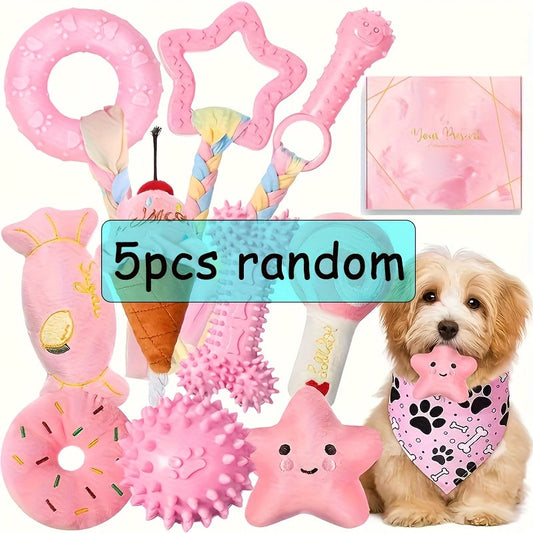 Puppy Chew Toy Set 5 Pieces - Non-Toxic Plush and Plastic Teeth Cleaning Toys for Small Dogs, Durable Teething Toy Bundle for Dental Health, Interactive Play and Self-Entertainment, Random Assortment