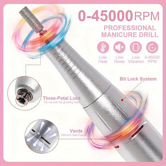 Electric Nail Drill 45000 RPM Cordless Kit with Power Display, Adjustable Speed and Three Colors