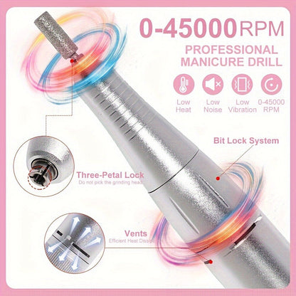 Electric Nail Drill 45000 RPM Cordless Kit with Power Display, Adjustable Speed and Three Colors