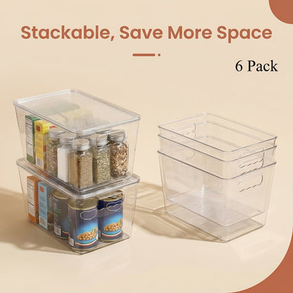 Clear Stackable Storage Bins with Lids 6 Pack - Medium Plastic Organizer Containers with Handles for Pantry Kitchen Fridge Cabinet Closet and Bathroom, Food Safe Transparent Bins for Snacks Drinks Canned Goods and Household Supplies, 10x6x5 Inch