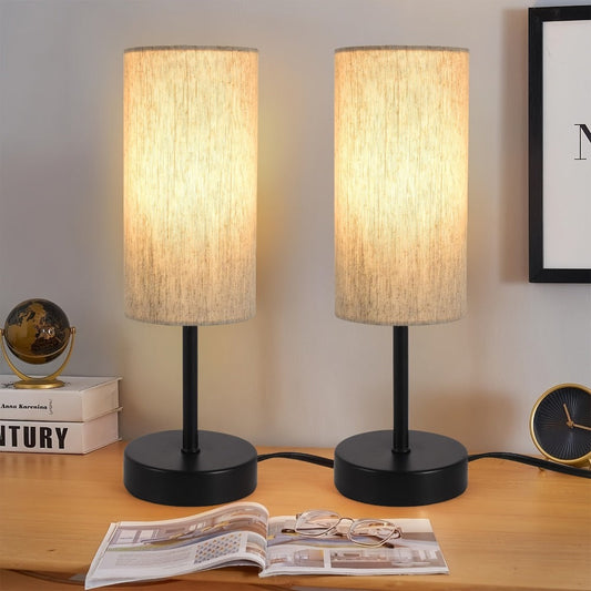 Table Lamp Set of Two with Linen Drum Shades, Cord Switches, 5W 3000K LED Bulbs and Two Color Options