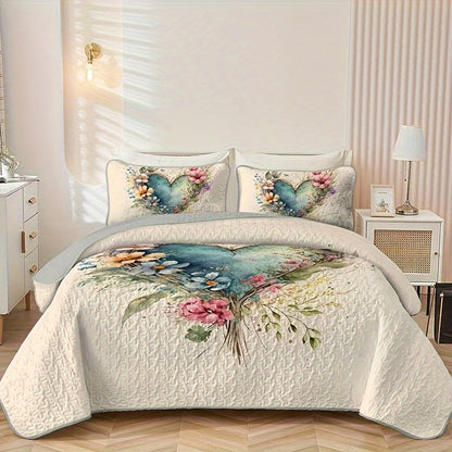 Watercolor Floral Quilt Set with Botanical Heart Print in Polychrome Twin, Full/Queen or King Sizes