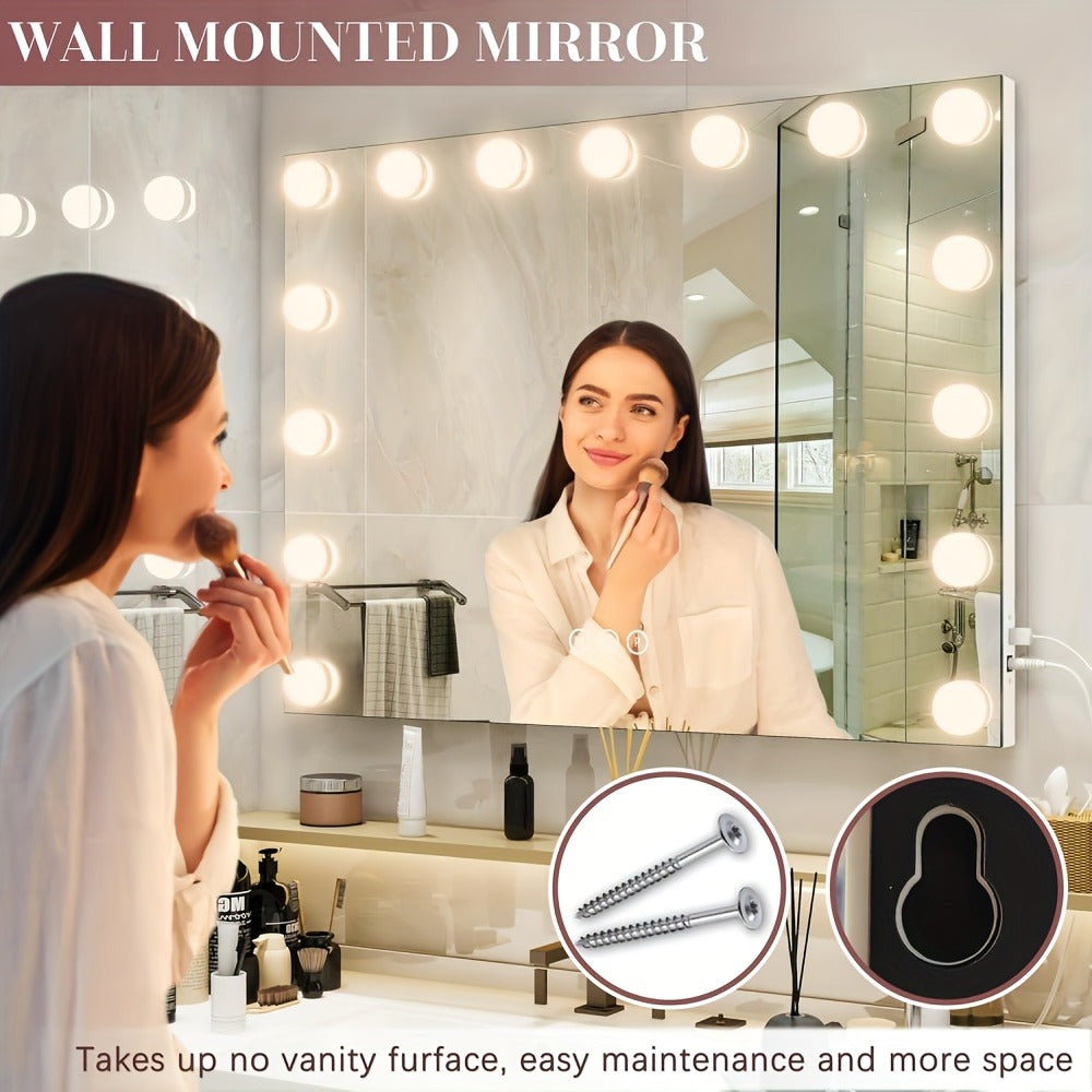 Lighted Vanity Mirror with 15 LED Bulbs - Hollywood Makeup Mirror 23x19 Inch, 3 Color Dimmable Lighting, Wall Mounted or Tabletop, USB Port, Brightness Memory, White, Large Professional Beauty Mirror