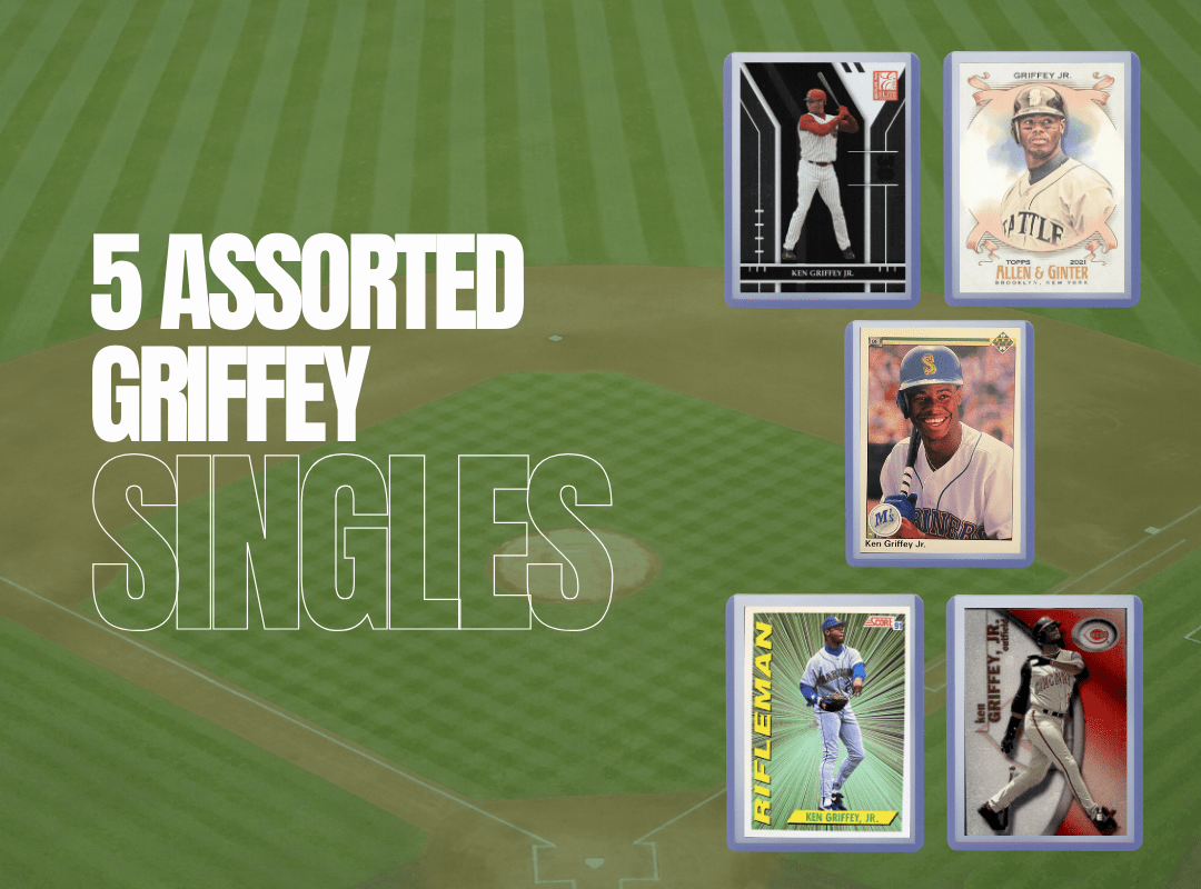 Sports Trading Cards, Ken Griffey Jr Five-Card Baseball Lot with Topps, Panini, Fleer and Donruss Artwork
